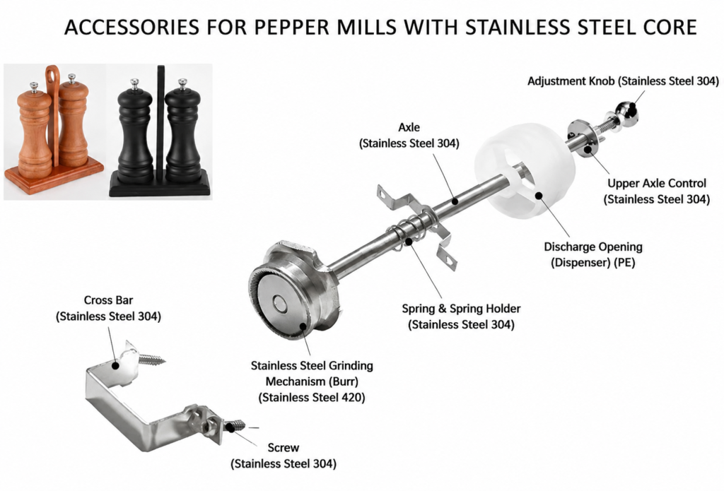 Accessories For Pepper Mills With Stainless Steel Mechanism